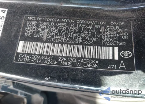 2006 Toyota Corolla Ce z USA, uszkodzony, nr VIN JTDBR32E260059634